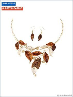 Boho Vintage Leaf Rhinestone Jewelry Set Necklace and Earrings for Women